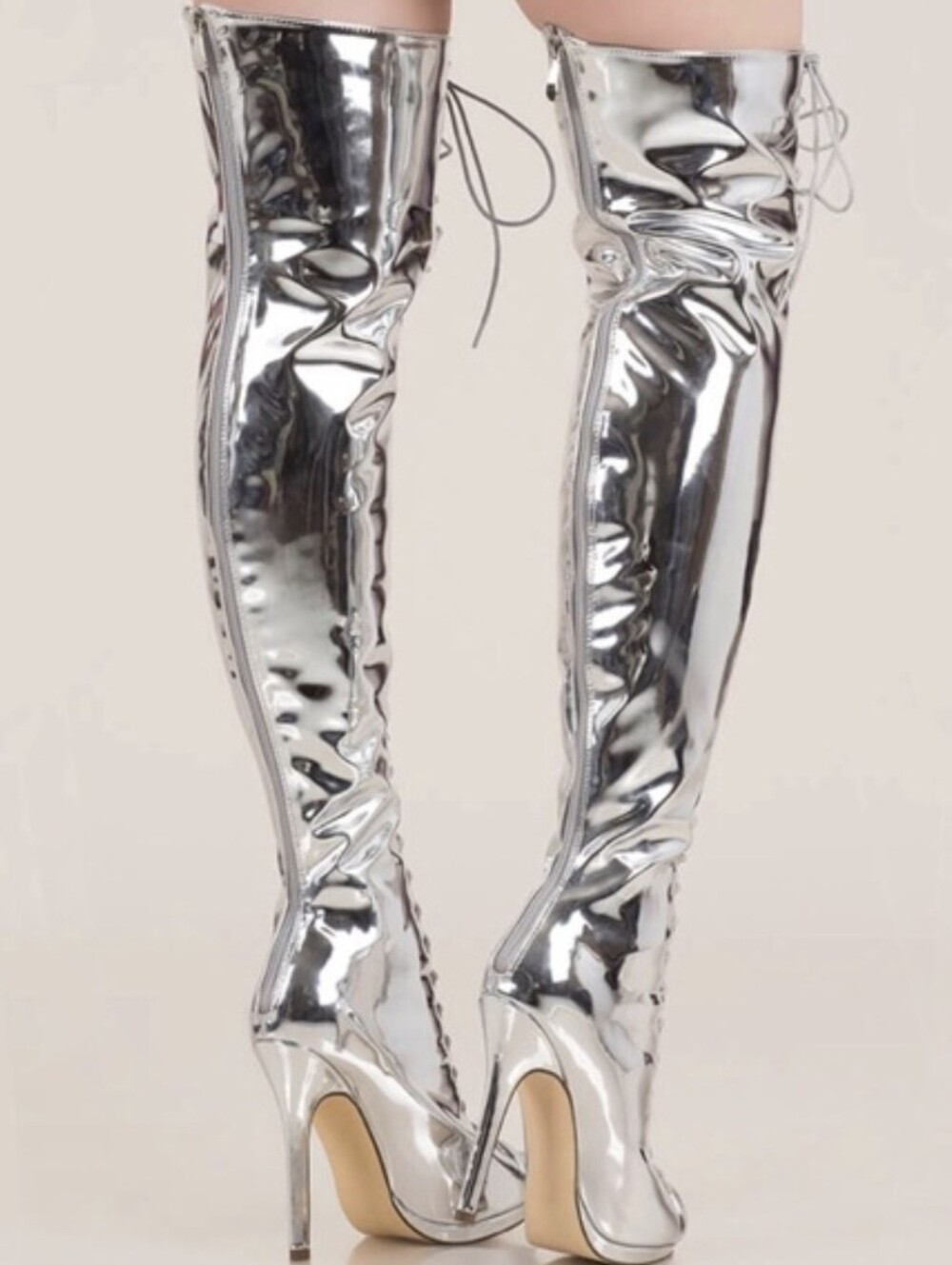 Liliana Silver Metallic Metallic Thigh High Lace Up Peep Toe Stiletto Boots 9 - Picture 3 of 15